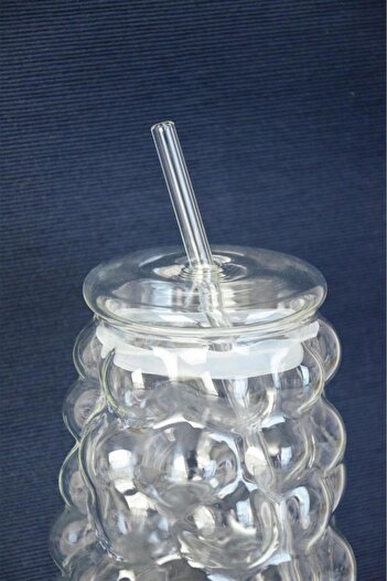 MİEN Mien Grape Pattern Bubble Borosilicate Glass Cup with Straw 1 Liter