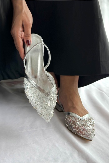 Shoebutik Bridal Gümüş Tül Pul İşlemeli Alçak Topuk Kadın Babet
