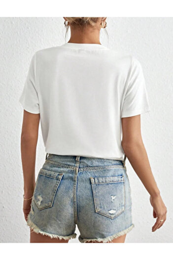 ELNOYA Minimalist Women Crop T-Shirt White Short Sleeve Heart Printed Streetwear