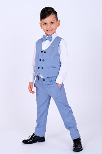 Entel Boy's Tuxedo Suit 6-Button Vest with Bow Tie and Chain