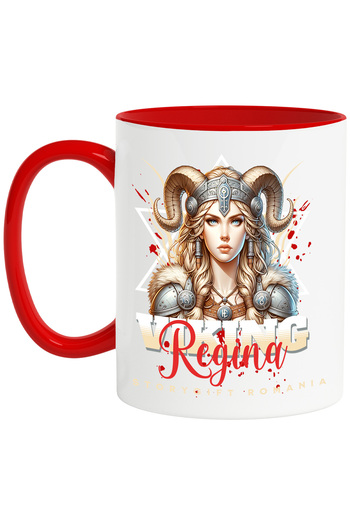 StoryGift Romania Mug Viking Queen World Saint Woman, 330ml, Ceramic with Red Handle, With Red Handle STG,S,STG