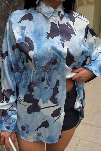 Hisleria Cămașă oversize din satin cu model - podea albastră