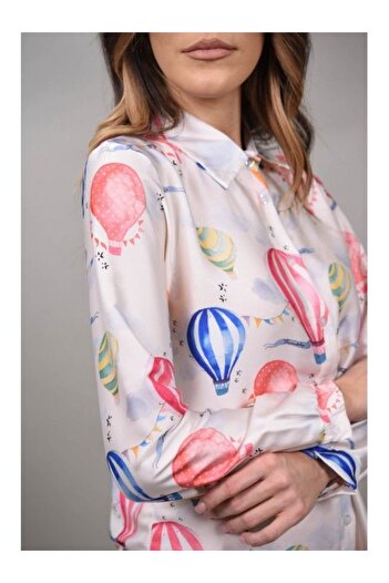 Caspiche BEATRICE MULTICOLOR BALLOON PRINT SHIRT XS Beige