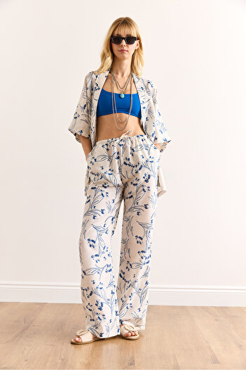 Olalook Women White Blue Top Kimono Bottom Pocket Palazzo Pants Suit Tkm-19000382