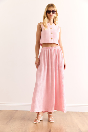 Olalook Women's Pink Top Lined Vest Bottom Pocket Midi Skirt Suit Tkm-19000387