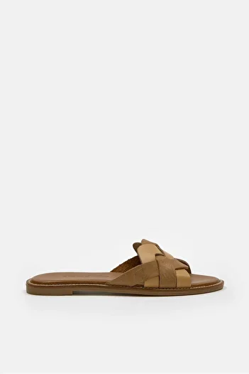 NILUFARR Γυναικείες παντόφλες Hazel Camel από γνήσιο δέρμα