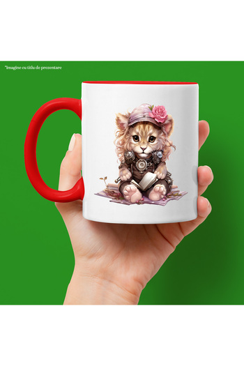 StoryGift Romania Mug with a lion cub holding an open notebook | illustration | surprised look, With ,STG.