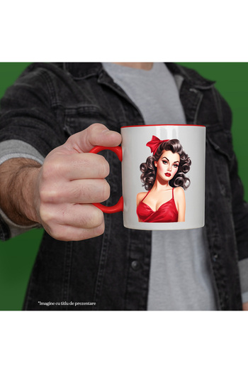 StoryGift Romania Mug with a beautiful woman in a red dress, illustration, retro, old, fashion style, With ,STG.