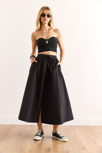 Olalook Women's Black Black Banded Front Slit Lace up Midi Bell Skirt Etk-19000321