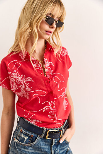 Olalook Women's Chain Red Patterned Linen Bat Shirt Gml-19001129