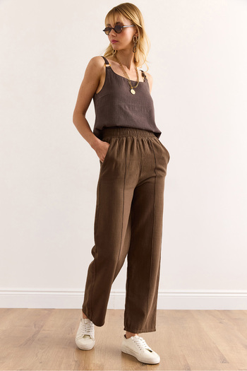 Olalook Women's Brown Elastic Waist Front Stitched Washed Buckle Linen Trousers Pnt-19000342
