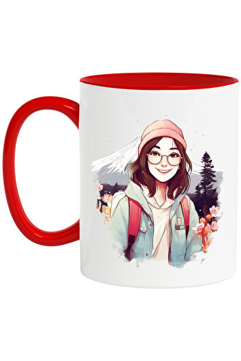 StoryGift Romania Mug with a cheerful girl who is hiking, travel, illustration, nature, f, With ,STG.
