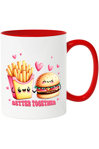StoryGift Romania Mug with a serving of fries and a burger holding hands with the message, With,STG.