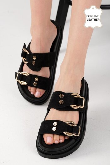 Mio Gusto Gretel Genuine Suede Black Color Double Buckle Women's Slippers