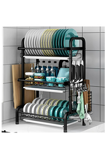 Herum 3-tier metal dish drainer, plastic trays, Black, 42 x 24 x 61 cm
