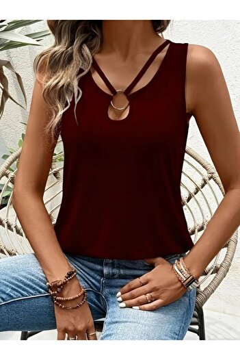 Hariqa Women's strap collar ribbon detailed ring viscose blouse
