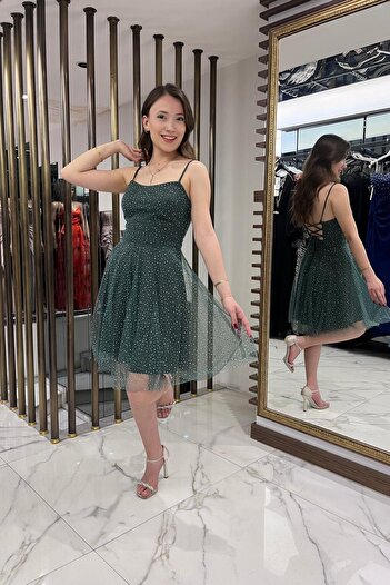 By Saygı Women's Rope Strap Back Laced Lined Stone Short Tulle Dress