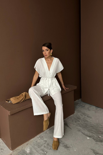 Viyamo Linen V-Neck Tie Belt Bluz-Pants Suit - White