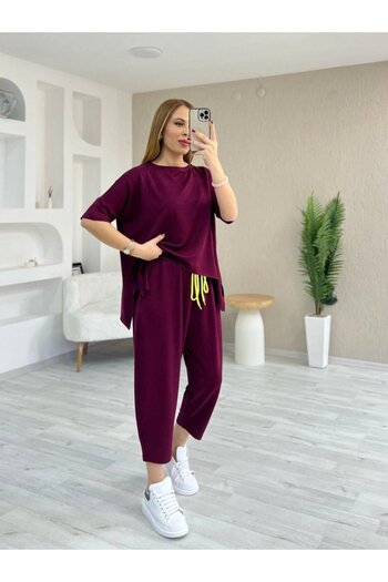 soonaksesuar Women's Short Sleeve Crew Neck Viscose Two Thread Blouse and Pants Double Set
