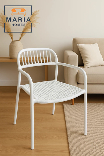 MARIA HOMES White Woven-Seat Plastic Chair with Armrest – Lightweight Indoor Outdoor Modern Patio Dining Chair
