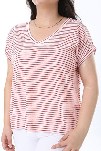 Şans Red Striped V-neck Plus Size Blouse - Low Sleeve 65n38227