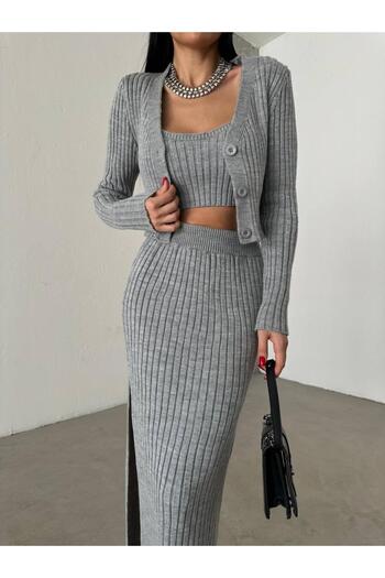NZL TEKSTİL Dgn's London Button Detailed Slit Skirt-Cardigan-Blouse 3 Piece Set