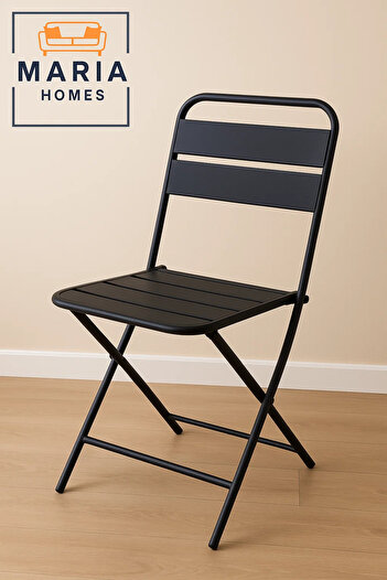 MARIA HOMES Black Metal Folding Chair with Slatted Seat – Compact and Durable for Indoor & Outdoor Use