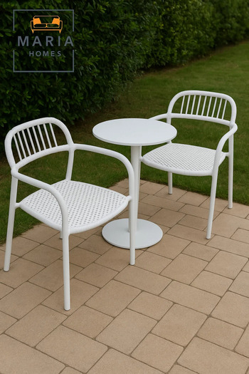 MARIA HOMES White Woven-Seat Plastic Chair with Armrest – Lightweight Indoor Outdoor Modern Patio Dining Chair
