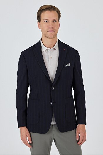 İmza Dark Navy Mono Collar Seersucker Flexible 6 Drop Slim Fit Casual Jacket 1002250126