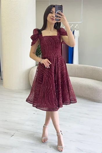 zks grup tekstil Women Flounces Square Collar Watermelon Sleeve Flared Evening Dress White, Green, Burgundy, Black, Navy Blue, Lilac