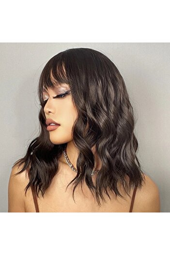 animis beauty Satin wig, bob, synthetic fiber with natural appearance, wavy hair, with bangs, 36 cm