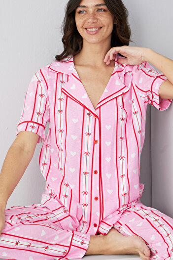 Siyah İnci Pink Red Line Pattern Cotton Buttoned Piping Knitted Pajamas Suit7886