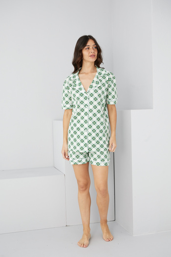 Siyah İnci Green Daisy Patterned Cotton Buttoned Ribbed Knitted Shorts Set7885