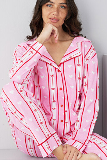 Siyah İnci Pink Red Line Pattern Cotton Buttoned Piping Knitted Long Sleeve Pajamas Suit7887