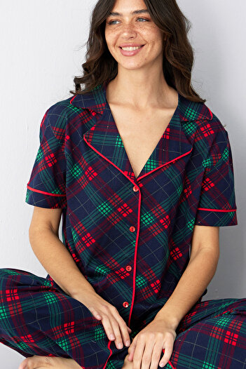 Siyah İnci Red Navy Blue Checked Cotton Buttoned Ribbed Knitted Pajama Set7886