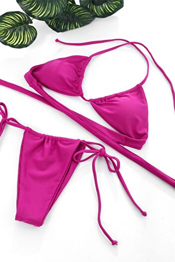 TenveTen Women's Fuchsia Side Tie Thong Triangle Bikini Swimsuit Set