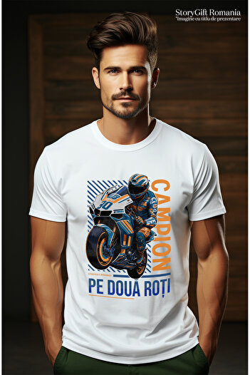 StoryGift Romania Tricou Barbati Om Pe Motor Campion Pe Doua Roti Sport Cu Imprimeu Pe Fata, 100% Bumbac, Stg