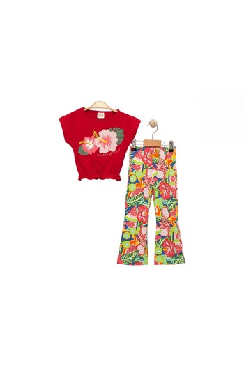 Nimini Kids Tropical Girl 3-7 Years Old T-Shirt and Leggings Set - Elastic Gather Detailed Spanish Leg
