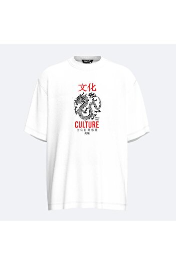 Shout Унісекс футболка Beyaz Oversize Culture Dragon Kanji