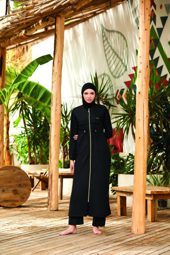 Bordomix 1267 Black Complete Zippered Adjustable Long Hijab Swimsuit (with Large Size Option)