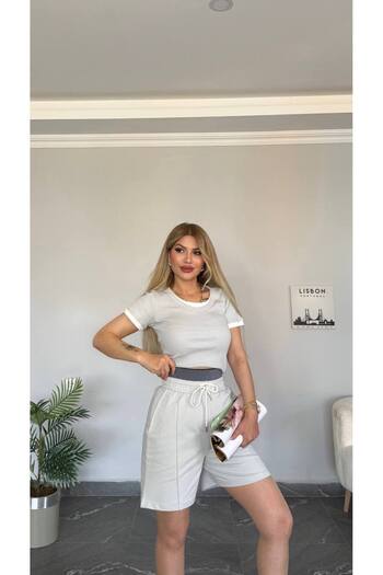 bonibon butikk Women's New Season Top Double Look Camisole Fabric Shorts High Waist Set