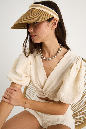 Bianco Lucci Women's Wide Brim Straw Sun Visor with Ribbon Detail 14398 60801006