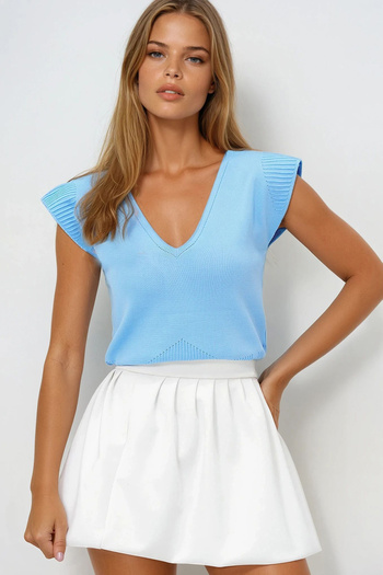 VAGGON Women's Blue Front Back V-Neck Summer Knitwear Blouse Prmx14051