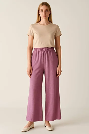 enmodaiçgiyim High Waist and Dusty Rose Linen Women's Trousers - Wide Leg