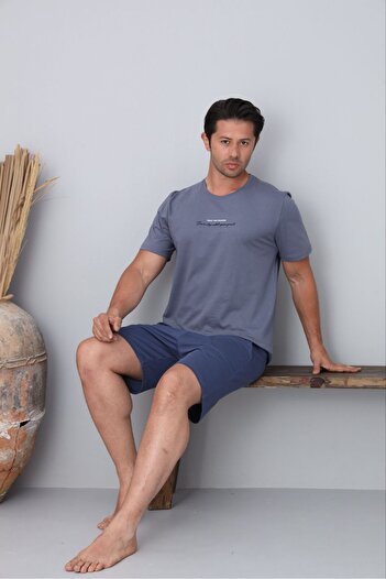 FORMO Men's 100% Organic Cotton Anthracite Short Sleeve Natural Pajama Set with Shorts