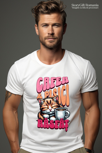 StoryGift Romania Men's T-Shirt Cat Next to Coffee Mug Pampering Animal Lover With Front Print, 1 Stg