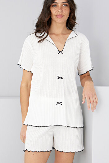 Siyah İnci White Seasonal Slim Bow Shorts Suit7880