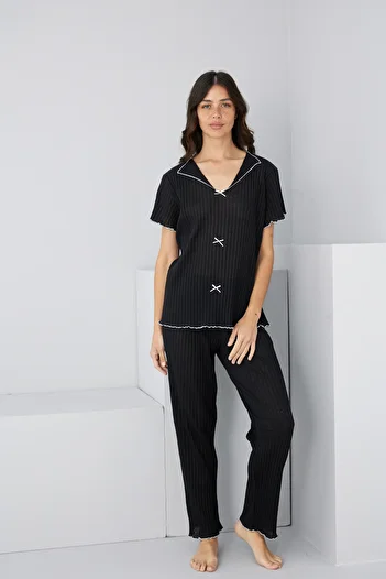 Siyah İnci Black Seasonal Thin Bow Pajama Suit7879