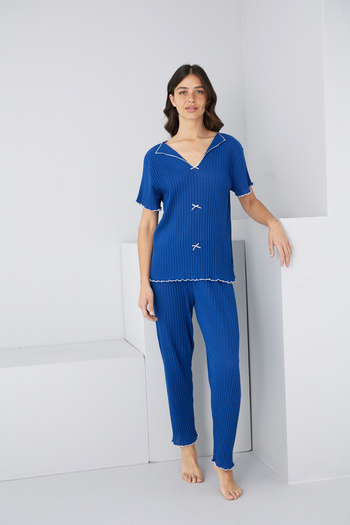 Siyah İnci Saks Seasonal Thin Bow Pajama Suit7879