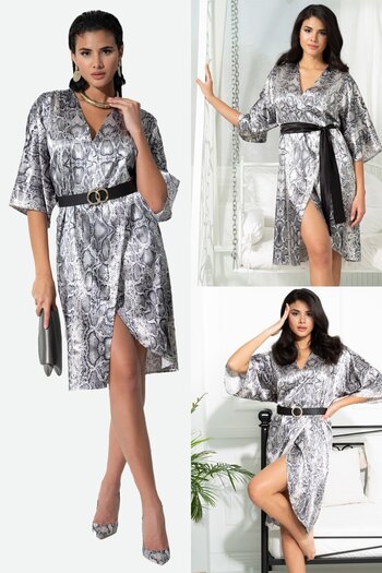 FOR YOU MODA V-Neck Snake Pattern Belted Black Satin Dressing Gown Dress